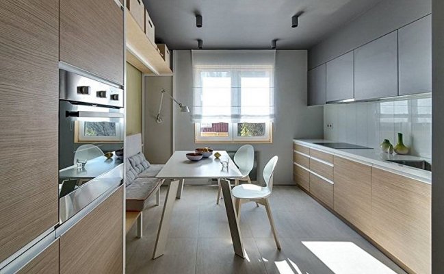 Параллельная бежевая кухня в стиле минимализм