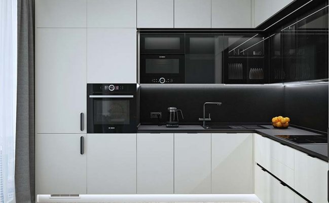 Белая угловая кухня в стиле минимализм