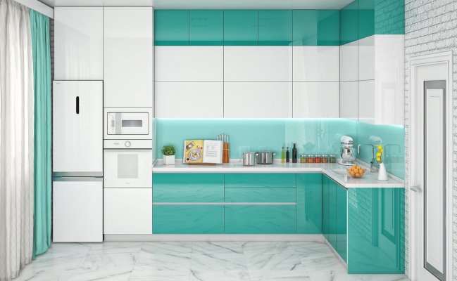 Кухня с глянцевыми фасадами в бело-бирюзовом цвете
