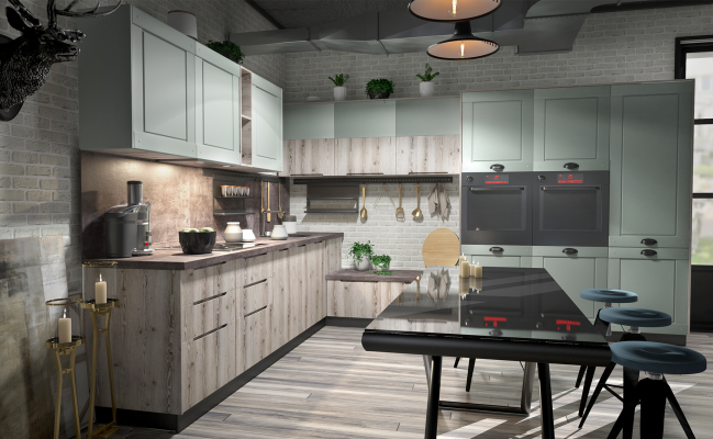 Уловая кухня в стиле лофт с встроенным шкафом для холодильника