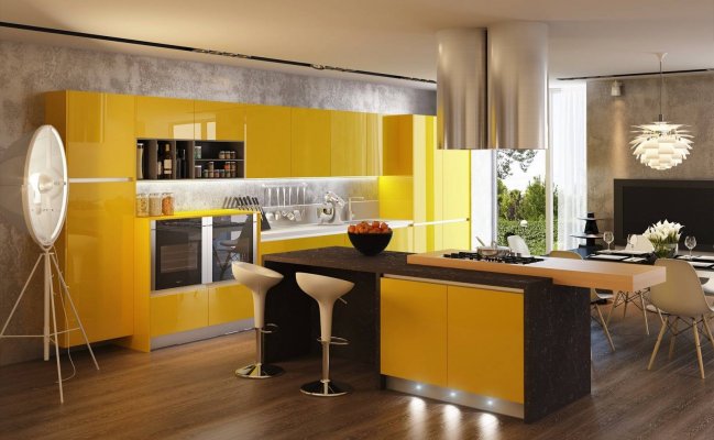 Небольшая глянцевая кухня в жёлтом цвете с островом