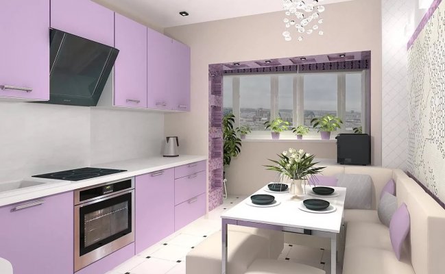 Небольшая прямая кухня в сиреневом цвете