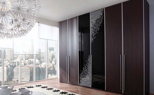 Большой шкаф с стеклянными дверцами и темными фасадами