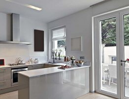 Продажа Серая п-образная кухня в стиле минимализм без верхних шкафов в каталоге Купить Серая п-образная кухня в стиле минимализм без верхних шкафов в каталоге