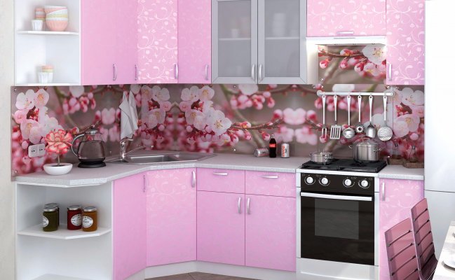 Угловая кухня с розовыми фасадами
