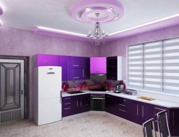 Продажа Угловая кухня с фартуком с фотопечатью и фасадами фиолетового цвета в каталоге Купить Угловая кухня с фартуком с фотопечатью и фасадами фиолетового цвета в каталоге