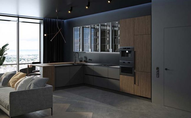 Угловая кухня Лофт в темных тонах