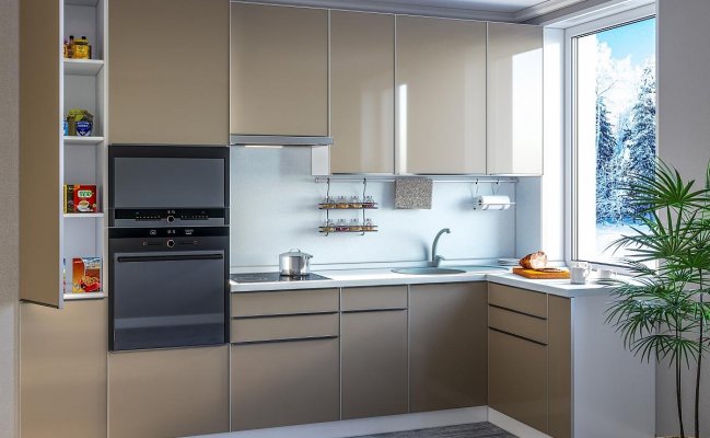 Небольшая угловая кухня с глянцевыми фасадами 