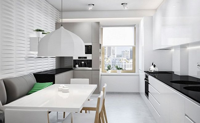 Светлая кухня с темной столешницей в стиле минимализм