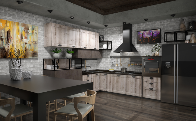 Большая угловая кухня Дерево - Бетон 