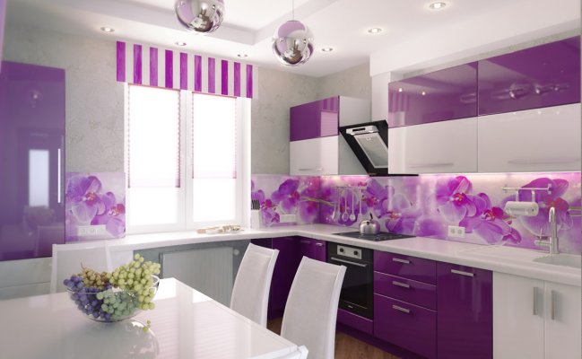 Угловая глянцевая кухня с столешницей переходящей на подоконник