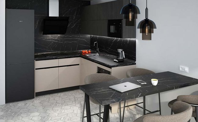 Небольшая угловая кухня с барной стойкой в стиле минимализм