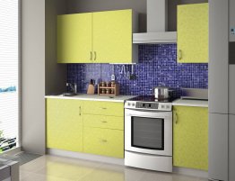 Продажа Небольшая кухня с желтыми фасадами с фотопечатью в каталоге Купить Небольшая кухня с желтыми фасадами с фотопечатью в каталоге