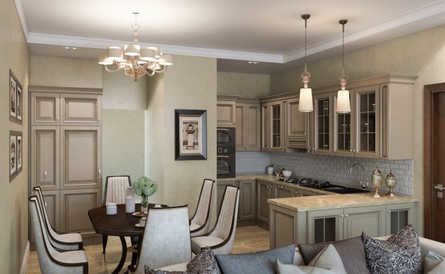 Кухня неоклассика совмещенная с гостиной