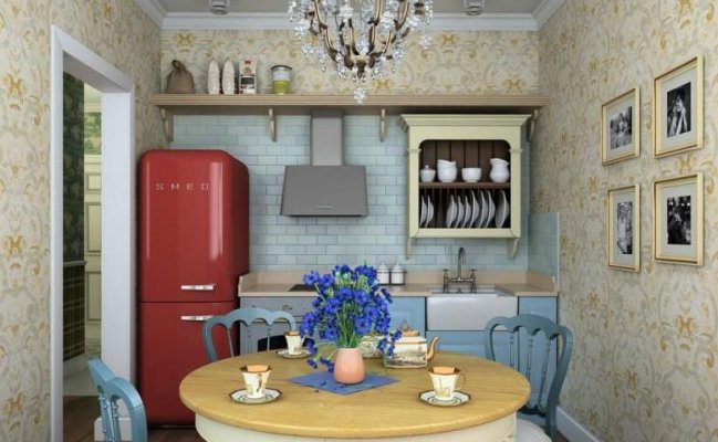 Компактная голубая кухня в стиле кантри