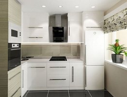 Продажа Угловая белая кухня в стиле минимализм с деревянным шкафом-пеналом  в каталоге Купить Угловая белая кухня в стиле минимализм с деревянным шкафом-пеналом  в каталоге