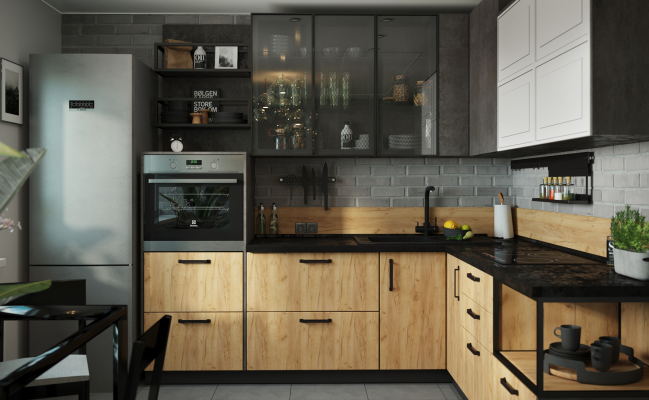 Угловая кухня в стиле лофт Дерево - бетон