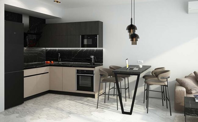 Небольшая угловая кухня с барной стойкой в стиле минимализм