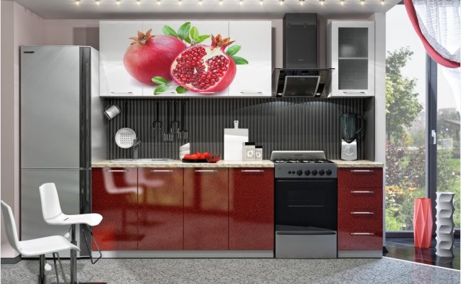 Прямая кухня с фотопечатью на фасадах бордового цвета