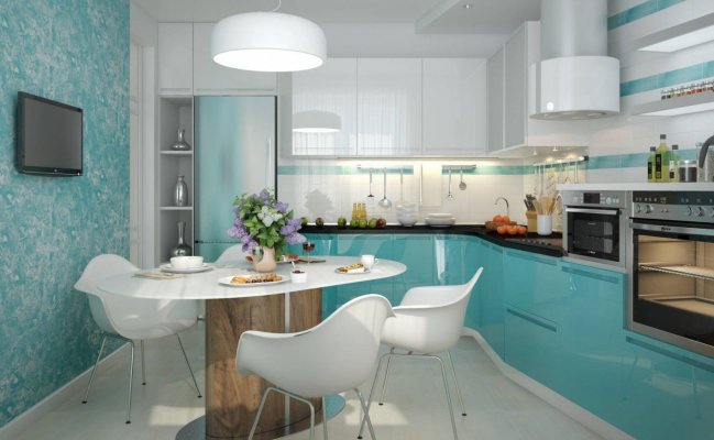 Угловая кухня в бело-бирюзовом цвете