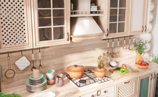 Небольшая кухня в стиле кантри с акцентными фасадами