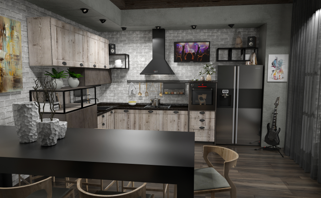 Большая угловая кухня Дерево - Бетон 