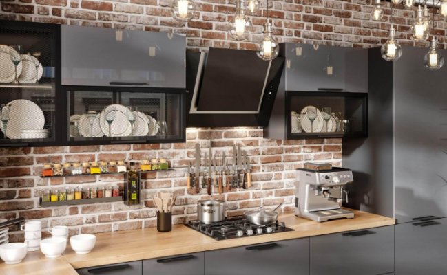 Угловая кухня темного цвета в стиле лофт 