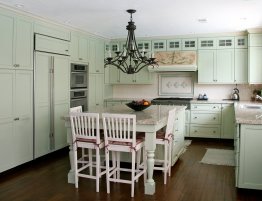 Продажа П-образная кухня с островом светло-бирюзового цвета в каталоге Купить П-образная кухня с островом светло-бирюзового цвета в каталоге