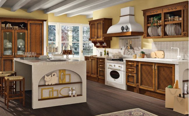 Кухня в стиле кантри коричневого цвета