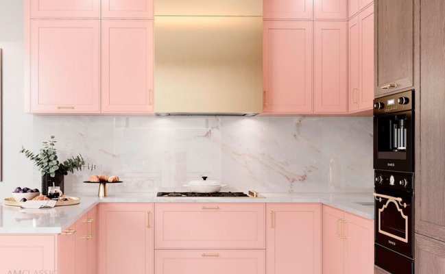 Угловая кухня в розовом цвете