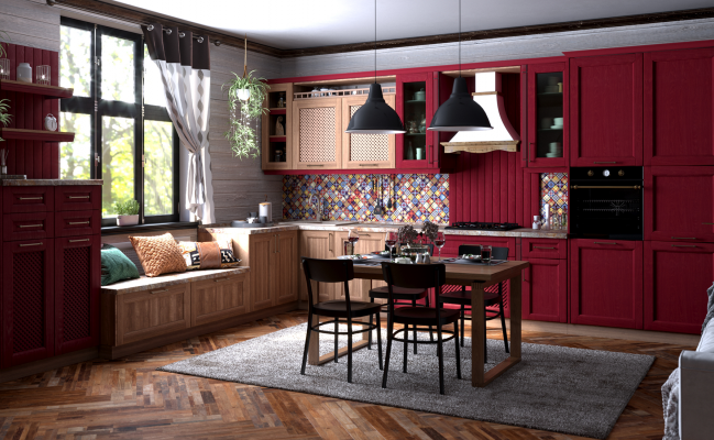 Угловая кухня в стиле кантри с местом для отдыха