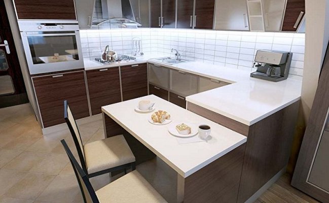 Коричневая п-образная кухня с барной стойкой в стиле минимализм