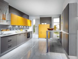 Продажа Прямая кухня с желтыми и серыми фасадами в каталоге Купить Прямая кухня с желтыми и серыми фасадами в каталоге