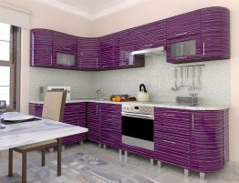 Продажа Угловая кухня с фиолетовыми фасадами в белую полоску в каталоге Купить Угловая кухня с фиолетовыми фасадами в белую полоску в каталоге