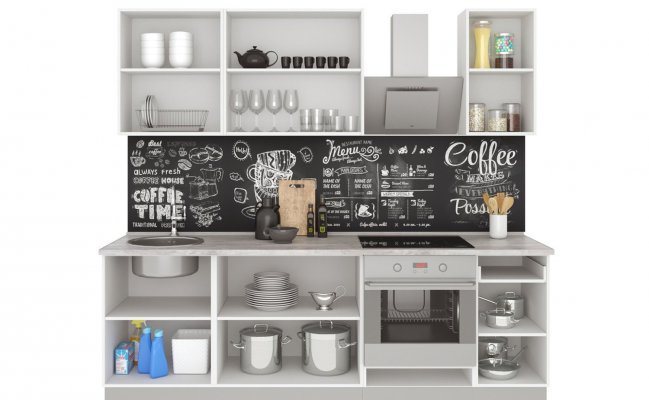 Прямая матовая кухня с фартуком с фотопечатью