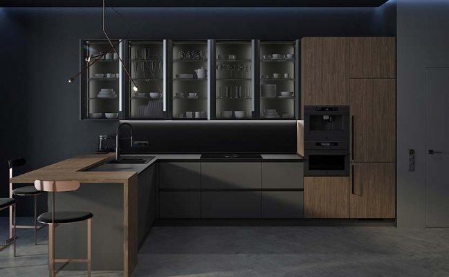 Угловая кухня Лофт в темных тонах