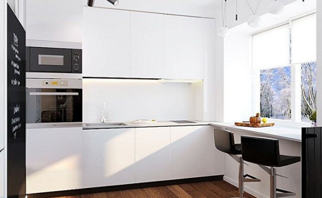Белая матовая кухня в стиле минимализм с барной стойкой у окна