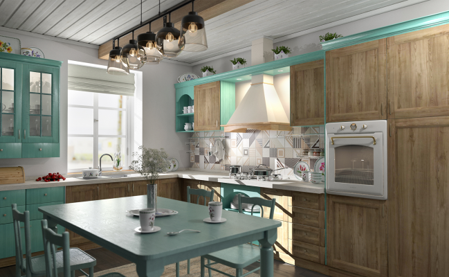 Угловая кухня в стиле кантри бирюзового цвета