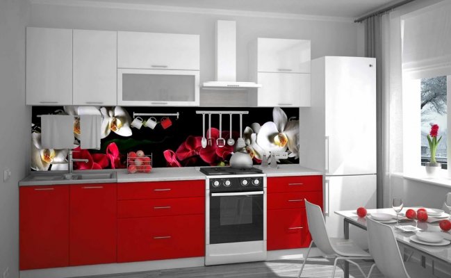 Небольшая кухня с фартуком с фотопечатью