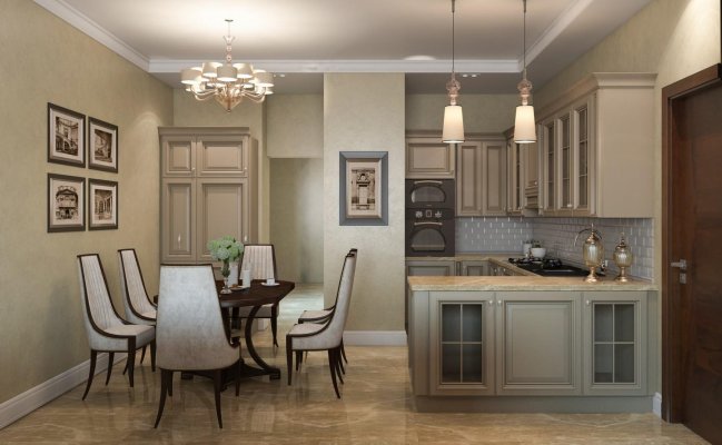 Кухня неоклассика совмещенная с гостиной