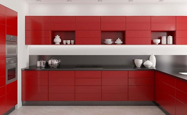 Тёмно-красная п-образная кухня в стиле минимализм