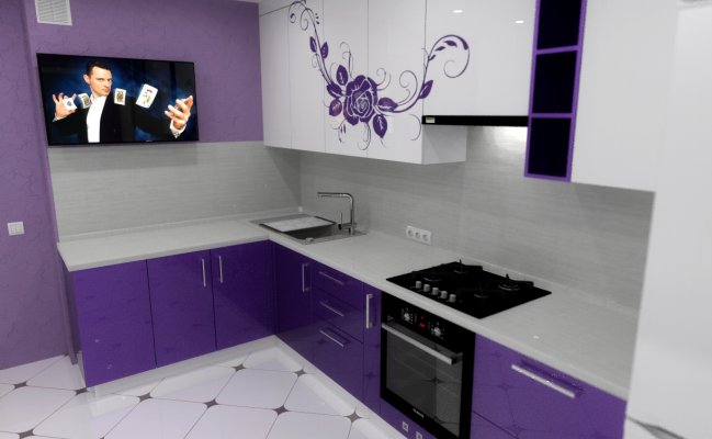 Угловая кухня с бело-фиолетовыми фасадами