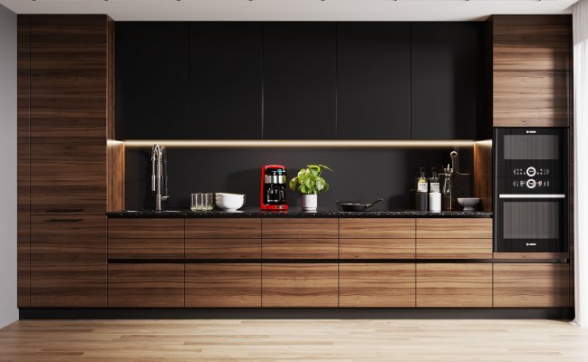 Прямая кухня с черным фартуком