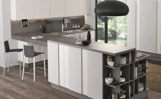 Угловая кухня в современном стиле с барной стойкой 