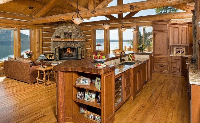 Кухня совмещенная с гостинной в стиле шале