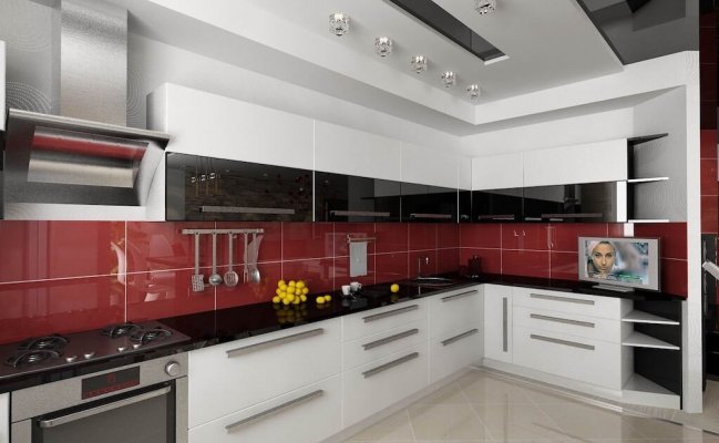 Угловая кухня в стиле хай-тек с акцентным фартуком