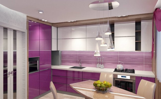 Кухня с сиреневыми фасадами в стиле минимализм