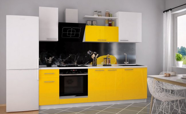 Кухня с жёлтыми фасадами и  фартуком с фотопечатью 