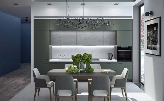 Серая прямая кухня в стиле минимализм