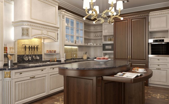 Большая кухня в стиле барокко с островом